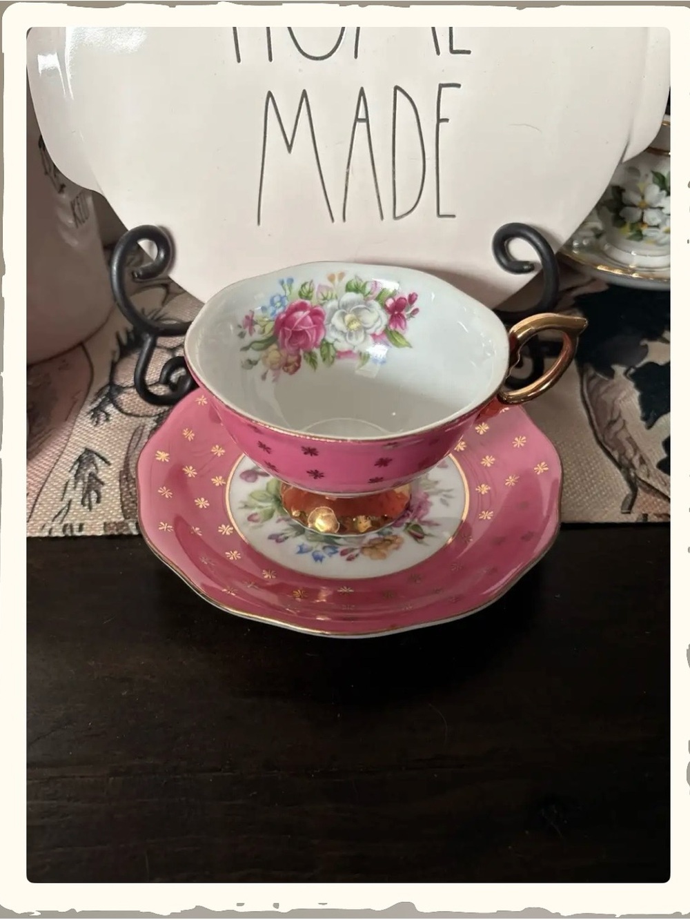 Vintage Shafford - Style Pink Footed Teacup and Saucer with Floral Gold Trim